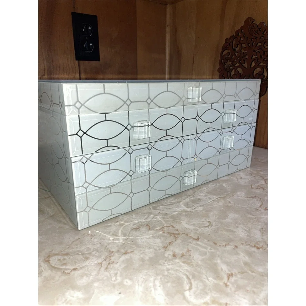 Z Gallery White Glass Mirrored Silver Geometric Pattern Jewelry Box Trinket Case